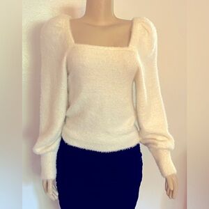 Fuzzy, Square-neck, Puffy-sleeve, Stretchy Sweater by H&M